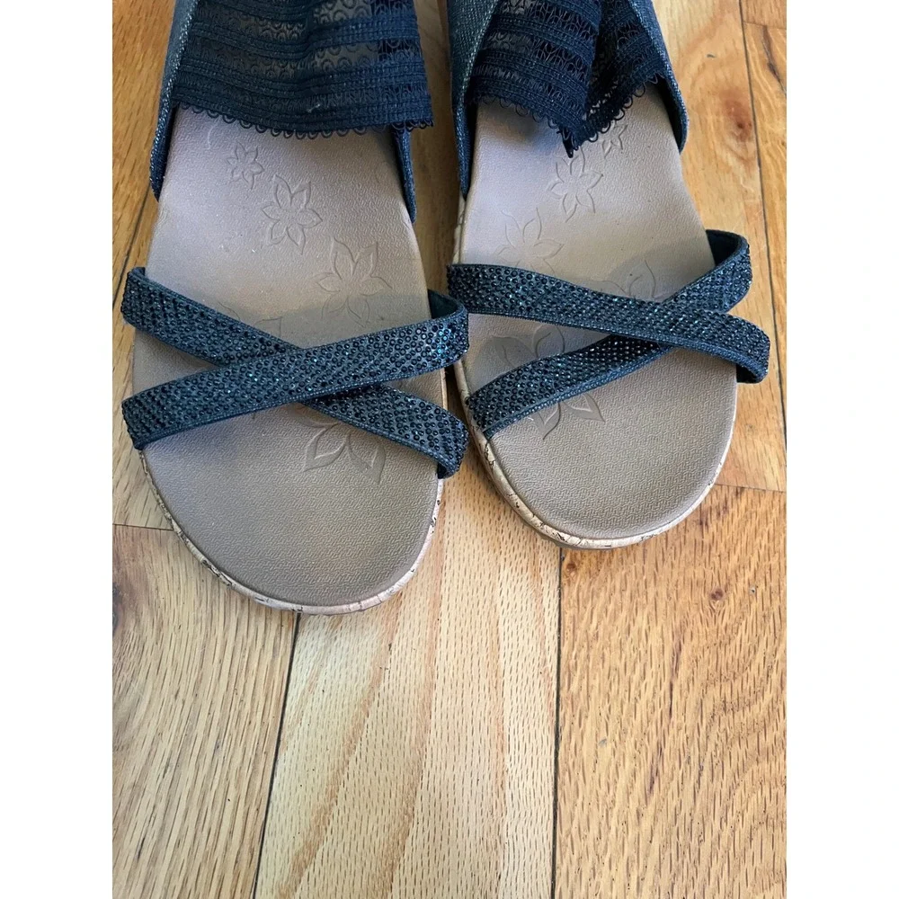 Skechers Beverlee‎ Luxe Foam Wedge Sandals Denim Black Sz 10 Cork Look Heel